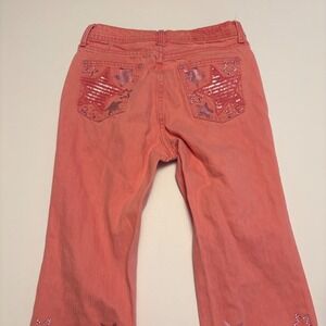 Grace in LA Star Sequin Bootcut Jeans Women Size 25 Coral Pink Rhinestone Y2K